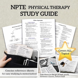 Puede incluir: Una guía de estudio de fisioterapia con el texto "NPTE PHYSICAL THERAPY STUDY GUIDE". La imagen muestra hojas de referencia, diagramas y el texto "Covers ALL Topics!" y "Concise reference sheets for easy studying & memorization!"