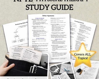 May include: A study guide for physical therapy, featuring the text "NPTE PHYSICAL THERAPY STUDY GUIDE." The image includes concise reference sheets, diagrams, and the text "Covers ALL Topics!" and "Concise reference sheets for easy studying & memorization!"
