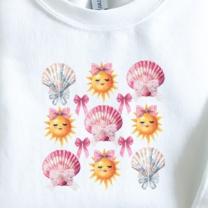 Sun and Shell with Bows - Coquette Summer PNG Design, Sublimation Digital Download, Beach Vibes Clipart for Shirt or Tote, Preppy Summer Art