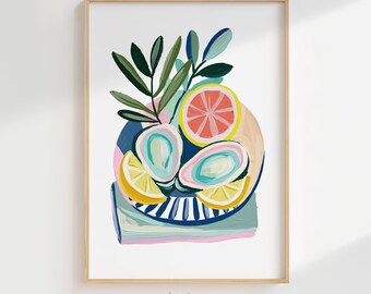Coastal Wall Art Oysters Lemon & Grapefruit Print, Tropical Summer Kitchen Decor, Beach House Dining Room Printable Digital Art