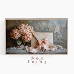 Cuadro con carta de amor antigua, sobres y flores, arte para TV con marco Samsung, descarga digital, estética romántica antigua, arte atemporal
