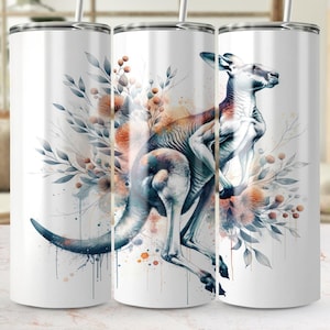 Kangaroo Floral 20oz Tumbler Wrap - Sublimation Tumbler Design, PNG Digital Download, Watercolor Animal Art, Nature Illustrations