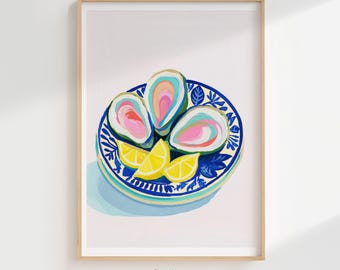Oyster Lemon Printable Wall Art, Colorful Coastal Kitchen Print, Summer Beach House Citrus Decor, Mediterranean Digital Art