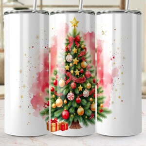 Sublimation Tumbler Design PNG -  Christmas Tree with Red Ornaments, Holiday Theme, 20 oz Skinny Tumbler Wrap