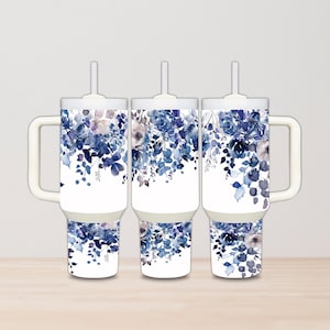 Blue Floral Tumbler Wrap: 40oz Sublimation Design (PNG Digital Download)