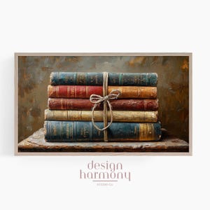Libros rústicos enmarcan un televisor: decoración vintage para biblioteca (descarga digital)