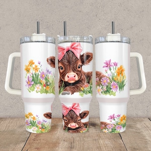 Cute Cow 40 oz Tumbler Wrap Digital Sublimation Design, Flower Cow PNG, Farm Animal Tumbler Design, Cute Cow with Flowers