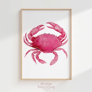 Roze krab zomer aquarel kunst aan de muur, kust digitale print, keukengalerij downloaden