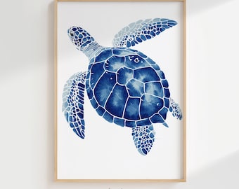 Sea Turtle Watercolor Art Print, Coastal Beach House Wall Decor (Digital Download)