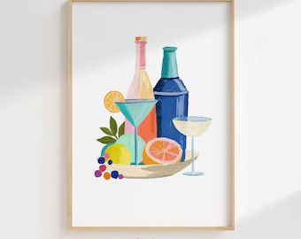 Tropical Cocktail Wall Art Printable, Summer Citrus Kitchen Decor, Colorful Beach House Print, Mediterranean Digital Download
