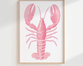 Pink Lobster Summer Watercolor Wall Art, Coastal Digital Print, Beach Home Download