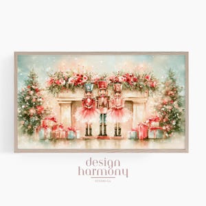 May include: A watercolour illustration featuring three nutcracker figures standing before a fireplace mantel adorned with red and green floral garlands. Two Christmas trees flank the scene, with wrapped gift boxes scattered on the floor below.
