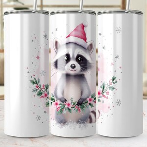 Sublimation Tumbler Design PNG -  Cute Raccoon with Christmas Hat, Winter Holiday Festive, 20 oz Skinny Tumbler Wrap
