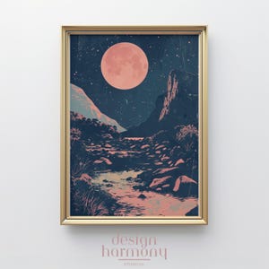 Risograph Wandkunst - Mondlandschaft, Nachthimmel, digitaler Download, ruhige Natur, Sternenszene