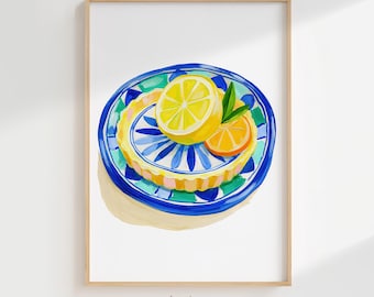 Lemon Tart Printable Wall Art, Colorful Kitchen Print, Citrus Coastal Decor, Mediterranean Blue Summer Art Digital
