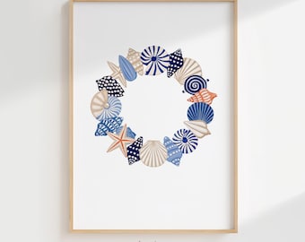 Coastal Seashell Wreath Digital Print, Nautical Ocean Blue Wall Art, Beach House Decor Summer Vibes, Starfish Printable Instant Download
