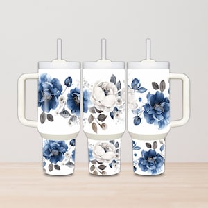 Blue Floral 40oz Tumbler Wrap: Elegant Spring Flowers (PNG Digital Download)