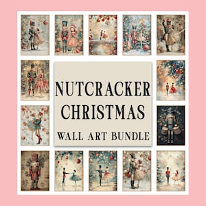Peut inclure: Ensemble d'impressions d'art mural encadrées représentant des illustrations du ballet Casse-Noisette. Les impressions présentent des scènes avec le Casse-Noisette, des danseuses et des décorations de Noël. Le texte "NUTCRACKER CHRISTMAS WALL ART BUNDLE" est affiché.