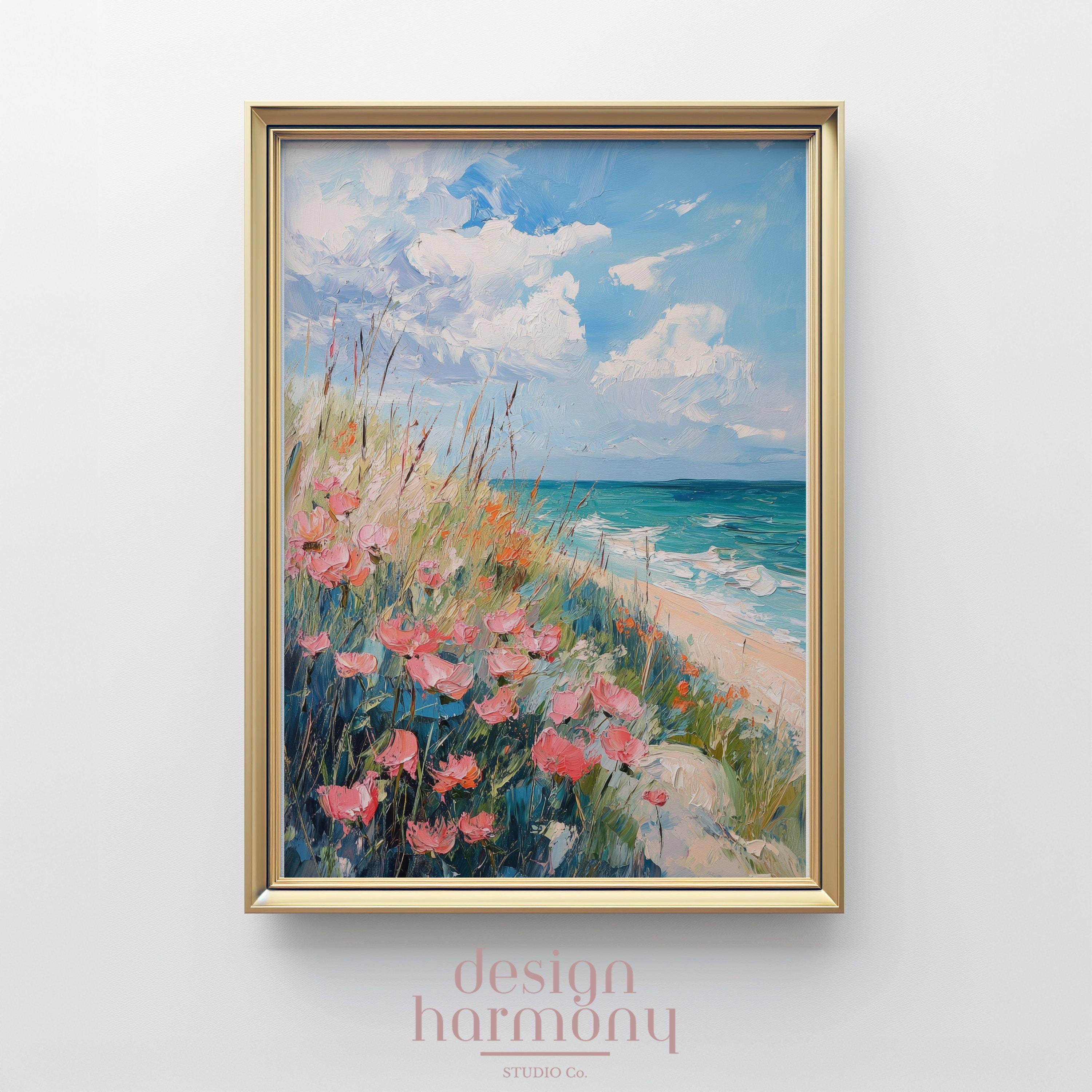 Coastal Floral Beach Painting: Nautical Summer Wall Art (Digital Download)