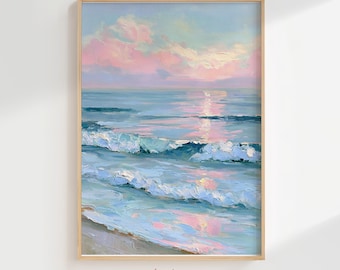 Ocean Beach Sunset Painting Digital Download | Aesthetic Pastel Waves Wall Art Print | Pink Clouds Ocean Horizon Landscape Art Print