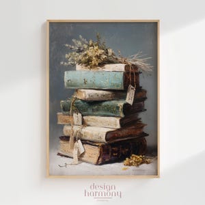 Vintage Books and Flowers Still Life Oil Painting Art Print (Digital Download)