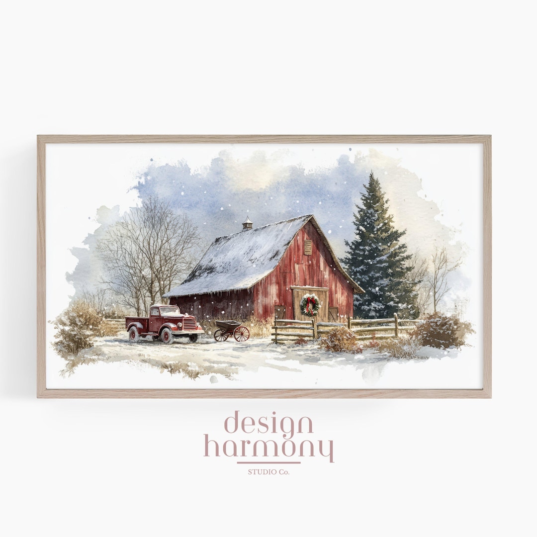 Red Barn Christmas Scene, Watercolor Painting, Holiday Decor, for ...