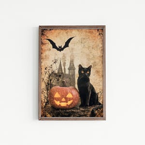 Black Cat Pumpkin Vintage Art - Retro Halloween Décor | Digital Download | Printable Wall Art | Halloween Wall Art