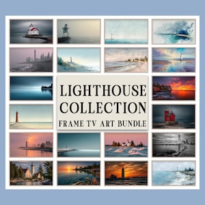 May include: A collection of framed art prints featuring various lighthouses. The images showcase lighthouses in different settings, including coastal scenes, sunsets, and foggy conditions. The text "LIGHTHOUSE COLLECTION FRAME TV ART BUNDLE" is displayed.