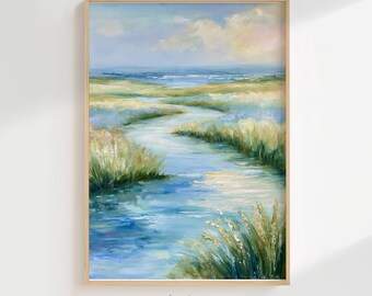 Coastal Marsh Landscape Digital Print, Tranquil Ocean Waterway Serene Wall Art, Impressionist Nature Lover Gift Printable