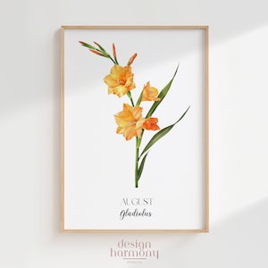 Póster de gladiolo de nacimiento de agosto: arte floral minimalista para pared, regalo imprimible para ella, impresión botánica para pared.