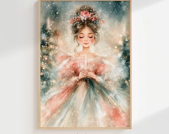 Ballerina Christmas Print: Pastel Nutcracker Girl, Storybook Style (Digital Download)