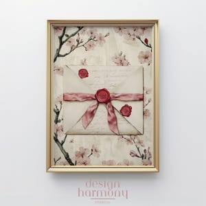 Arte mural de San Valentín: elegante carta de amor, fondo de flores de cerezo, impresión digital romántica, sobre vintage y sellos de cera
