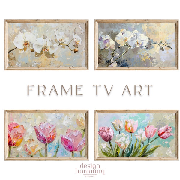 Samsung Frame Tv Art - lot de 4 oeuvres d'art vintage style orchidées tulipes, téléchargement numérique, art floral pour cadre tv, ensemble de peinture à l'huile 3,3