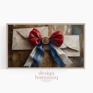 Cornice con lettere e fiocco vintage, arte televisiva - opera d'arte digitale, 4 luglio, rosso bianco blu, arredamento patriottico per la casa, estetica postale rustica