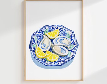 Oyster Lemon Plate Digital Wall Art, Coastal Kitchen Printable, Mediterranean Summer Decor, Blue and White Dining Room Print