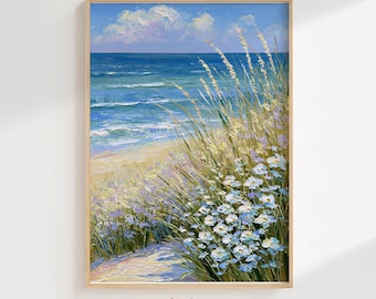 Beach Painting Digital Print, Impasto Ocean Waves Art, Textured Coastal Landscape Download, Summer Dune Grass Wildflower Wall Art.