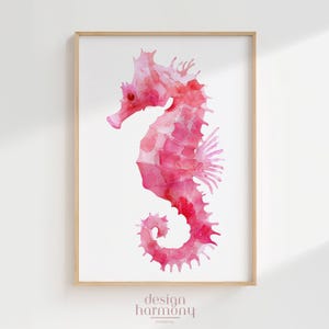 Pink Seahorse Summer Watercolor Wall Art, Coastal Digital Print, Gallery Wall Download