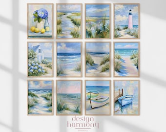 Coastal Gallery Wall Set, Pastel Beach House Art, Lighthouse, Boats (Digital Download)