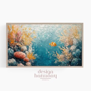海のサンゴ礁、水彩画スタイル、ターコイズとサンゴの色合い、Samsung The Frame TV のデジタルアート
