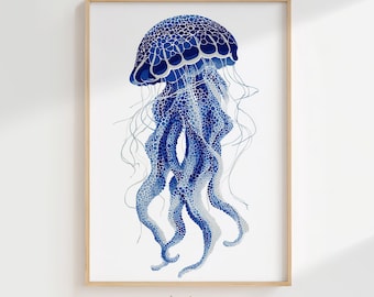 Blue Jellyfish Summer Watercolor Wall Art, Ocean Life Digital Print, Coastal Decor Download