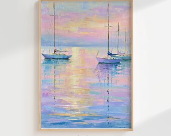 Dreamy Pastel Sailboat Art Print Digital Download, Coastal Ocean Impressionist Wall Decor, Serene Nautical Painting Printable File