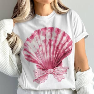 Pink Shell with Lace Bow Coquette Summer Png, Messy Coquette Shirt Design, Beach Vibes Sublimation Digital Download for diy Apparel