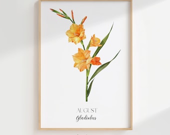 Bloemenprint geboorte gladiolen augustus: minimalistische botanische kunst (digitale download)