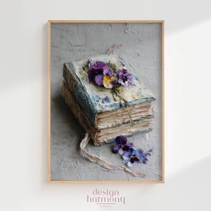 Pansies on Antique Books - Vintage Style Oil Painting Wall Art, Digital Download, Printable Art for Gallery Wall Decor