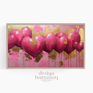 Romantic Decor Frame Tv Art, Pink Hearts Abstract, Modern Art, Gold Accents, Romantic Digital Art for Samsung The Frame Tv