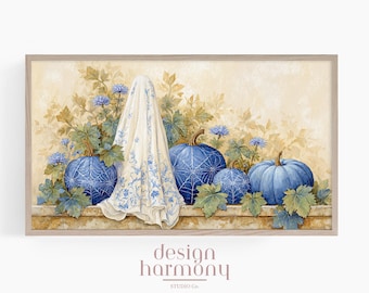 Halloween Frame TV Art, Blue Pumpkins and Ghost, Vintage Digital Download
