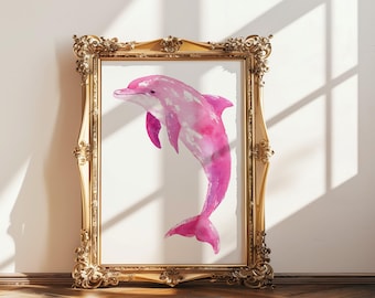 Pink Dolphin Summer Watercolor Wall Art, Coastal Digital Print