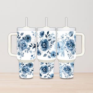 Blue Floral Tumbler Wrap: 40oz Sublimation Design (PNG Digital Download)