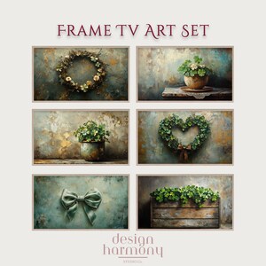 May include: Set of six framed art prints featuring green foliage and wreaths. The prints have a rustic, vintage aesthetic and feature a variety of shapes, including a heart, a circle, and a square.