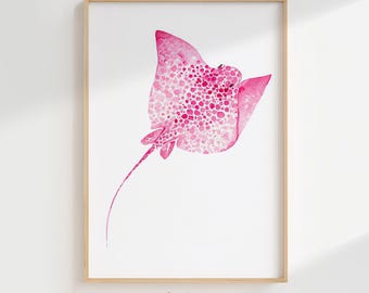 Pink Stingray Summer Watercolor Wall Art, Coastal Digital Print, Beach House Download